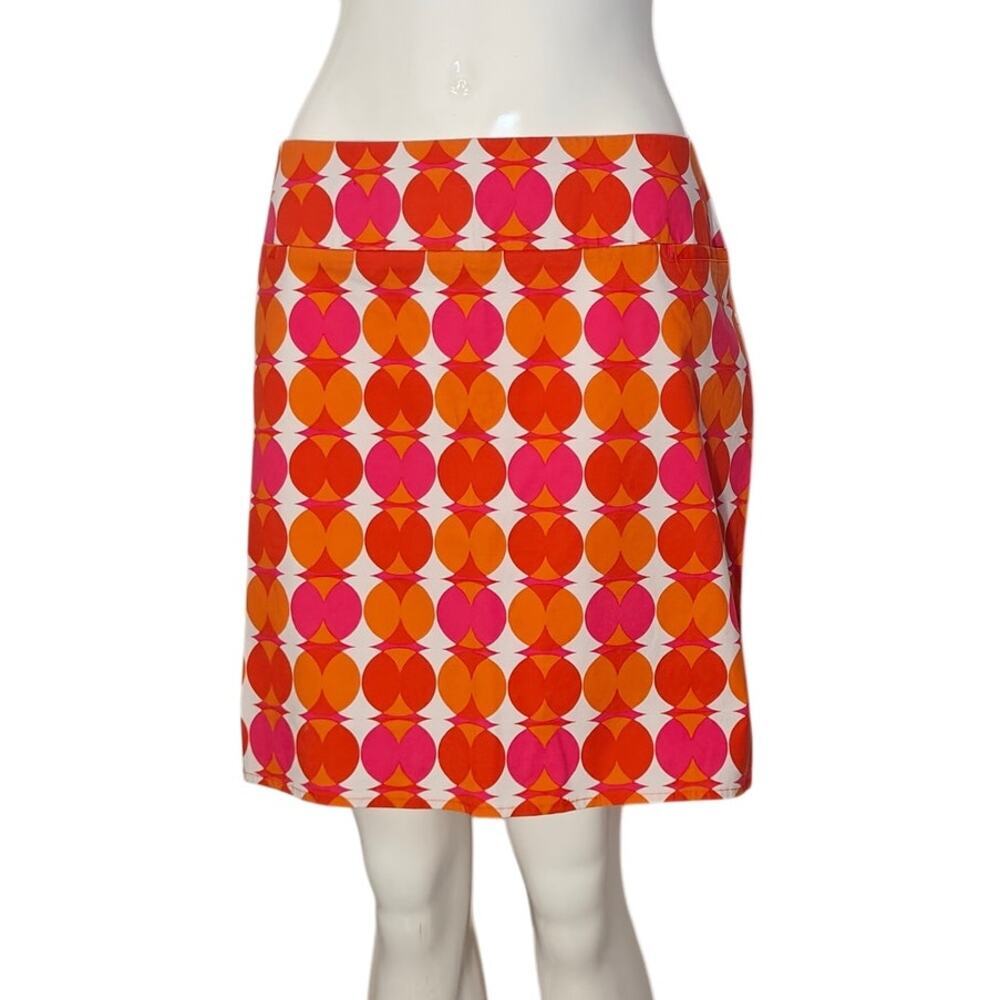 NY & Co Orange Pink Geometric Print Skirt Retro Mod Stretch Size 10